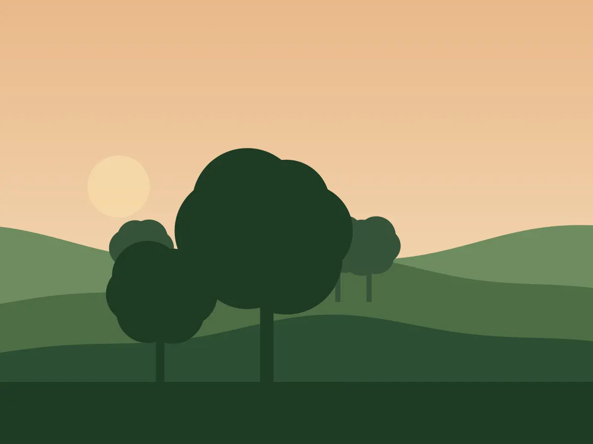 Shade trees on a rolling Flint Hills ridge outside Manhattan, Kansas, at sunset.